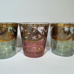 Set of 3 J. Preziosi “Lavorato a Mano” Italian Gold-Decorated Glass Tumblers — Vintage