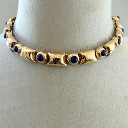 Vintage Monet SoHo Gold Tone Blue Cabochon Collar Necklace