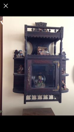 antique wood hanging wall cabinet with shelving & glass door beautiful condition