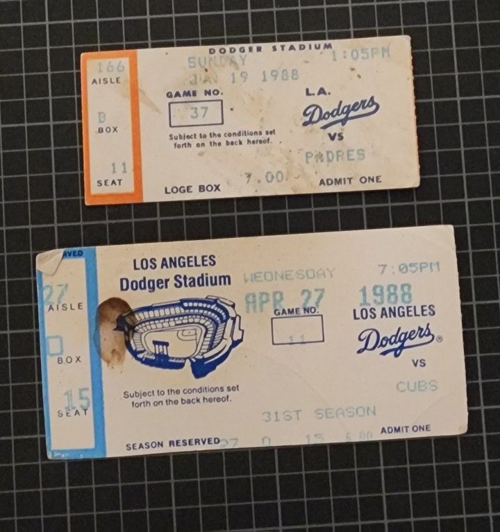 Dodgers Set/2 1988 Ticket Stubs GUC