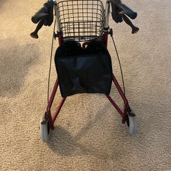 Walker - Three Wheel Maroon Walker With Basket