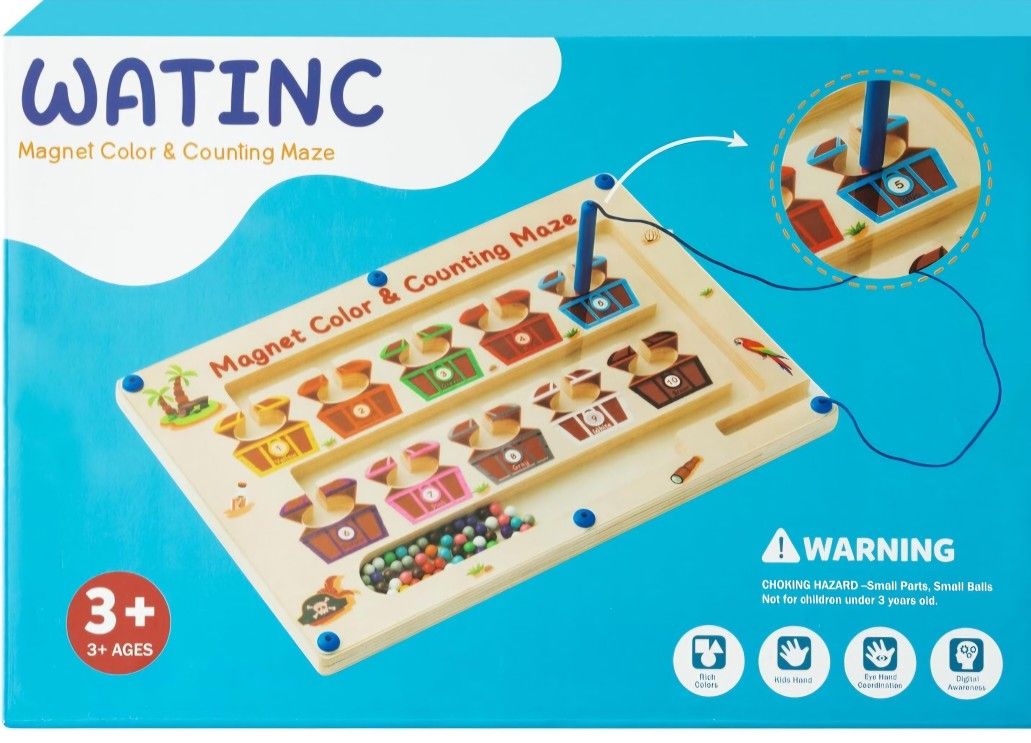 WATINC Pirate Treasure Magnetic Color and Number Maze, Wooden Magnet Montessori Toddler Learning Counting Matching Toys, Color Sorting Puzzle Board
