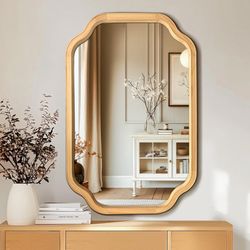 Wooden Bathroom Mirror For Wall, 24" X 36" Rustic Vanity Mirror For Over Sink, Natural Wood Wall Mirror With Decorative Rounded Corner Frame For Bathr