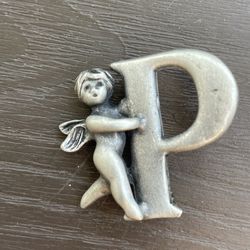 Vintage Signed L Razza Silver Tone Guardian Angel Brooch With Initial P Cherub