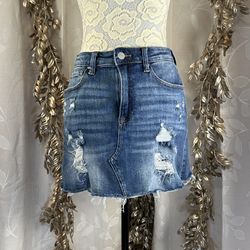 Risen Women’s M Medium Wash Distressed Stretch Y2K Frayed Denim Mini Skirt