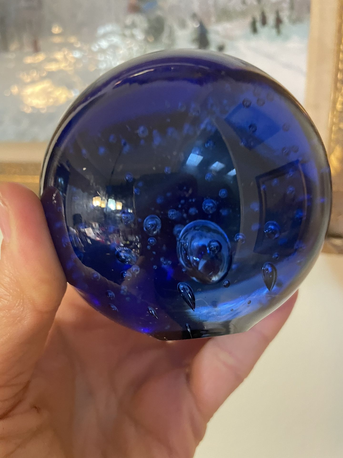 Controlled Bubble Cobalt Blue Crystal Ball Paperweight 3”