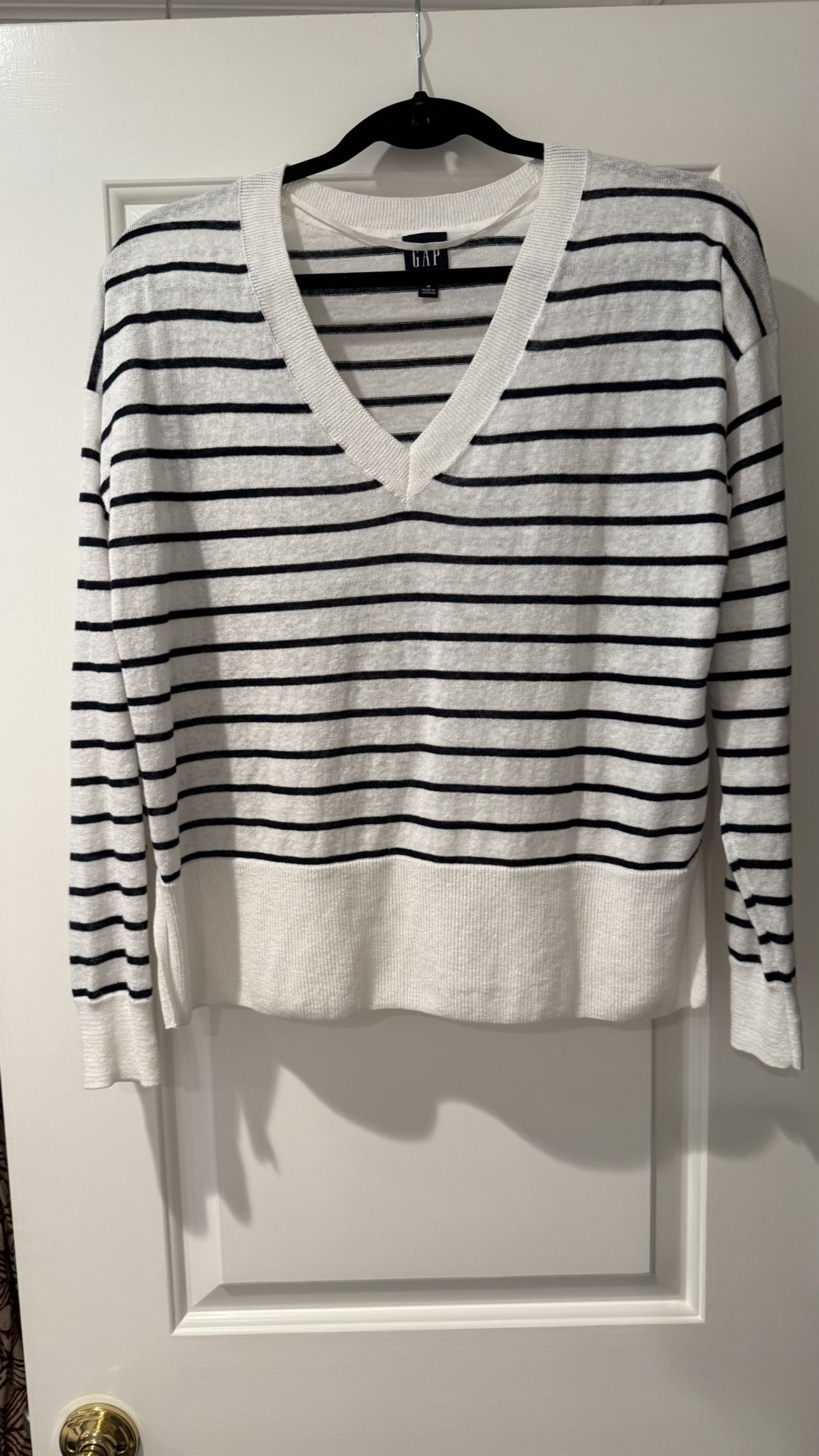 Black and white striped shirt v neck linen summer top gap