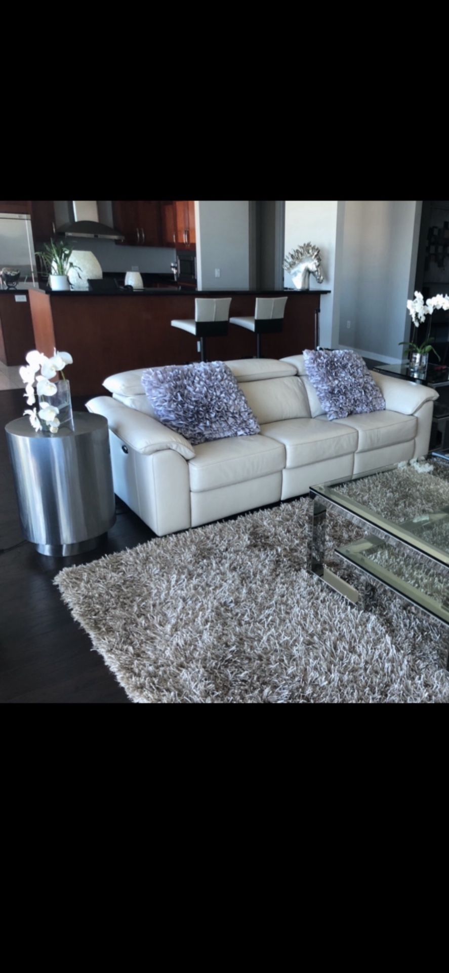 Modern Couch With 2 Motorized Recliners  Off White  Excellent Condition   Metal Platinum round end table 18” dia x 26h 900.00 (Johnston casuals furnit