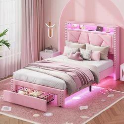 Pink Twin Beds with LED Light and Charging Port, Upholstered Platform Bed with Storage Headboard and 1 Drawer, Geometric Lines, Modern Nailhead Trim,