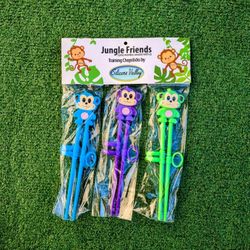 3 pairs Jungle Friends Blue/Purple/Green Monkey Kids Training Chopsticks NIP