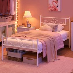 Twin Metal Bed Frame with Scroll Design Headboard