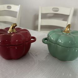 Pumpkin Bowl Set with Lid and Handle, Set of 2 Ceramic Ramekins for Baking, Casserole Dish Single Divider Pot, Stoneware, Oven Safe, 400ml (Red and Gr