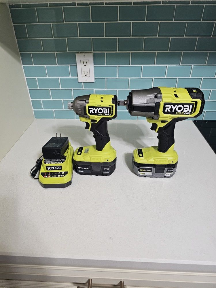 RYOBI ONE HP IMPACT WRENCH BRUSHLESS 18V 4-MODE 1/2 1,170 FT-LBS BREAKAWAY TORQUE & RYOBI ONE +18V BRUSHLESS 4-MODE IMPACT DRIVER INCLUDED (2) BATTERI