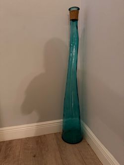Tall Teal Glass Floor Vase with Rope Neck