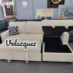 ✅️✅️2 pc Beige boucle fabric sectional sofa with pop up sleep area and storage chaise drop down tray table wireless charging✅️