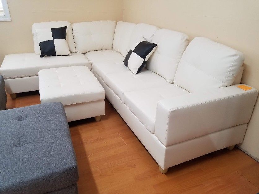 Same Day Delivery Setup Service Available White Faux Leather Sectional Storage Ottoman With Pillows