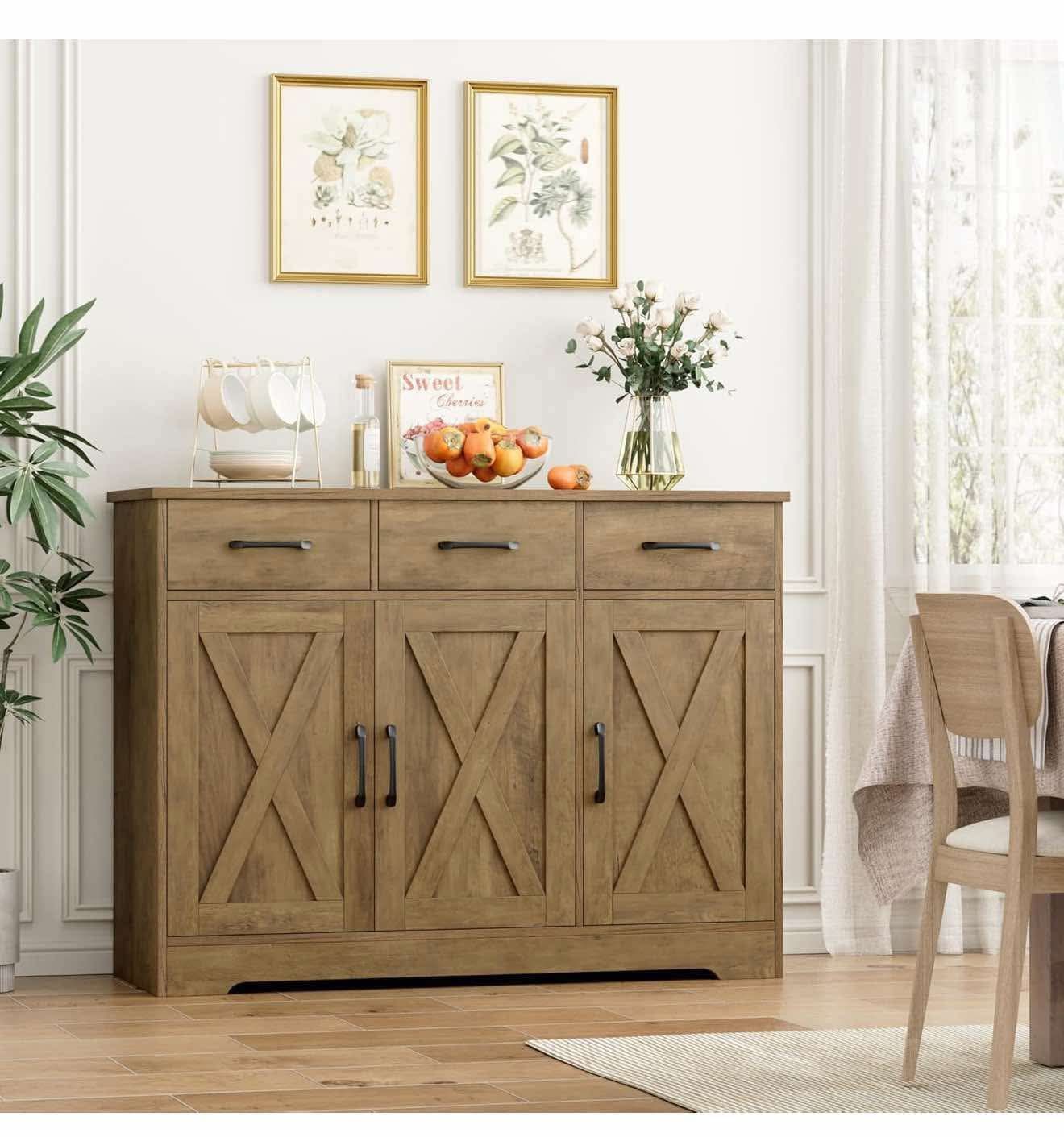 Farmhouse Buffet Sideboard Cabinet, Doors Storage with Drawers and Shelves, Dark Brown S-7