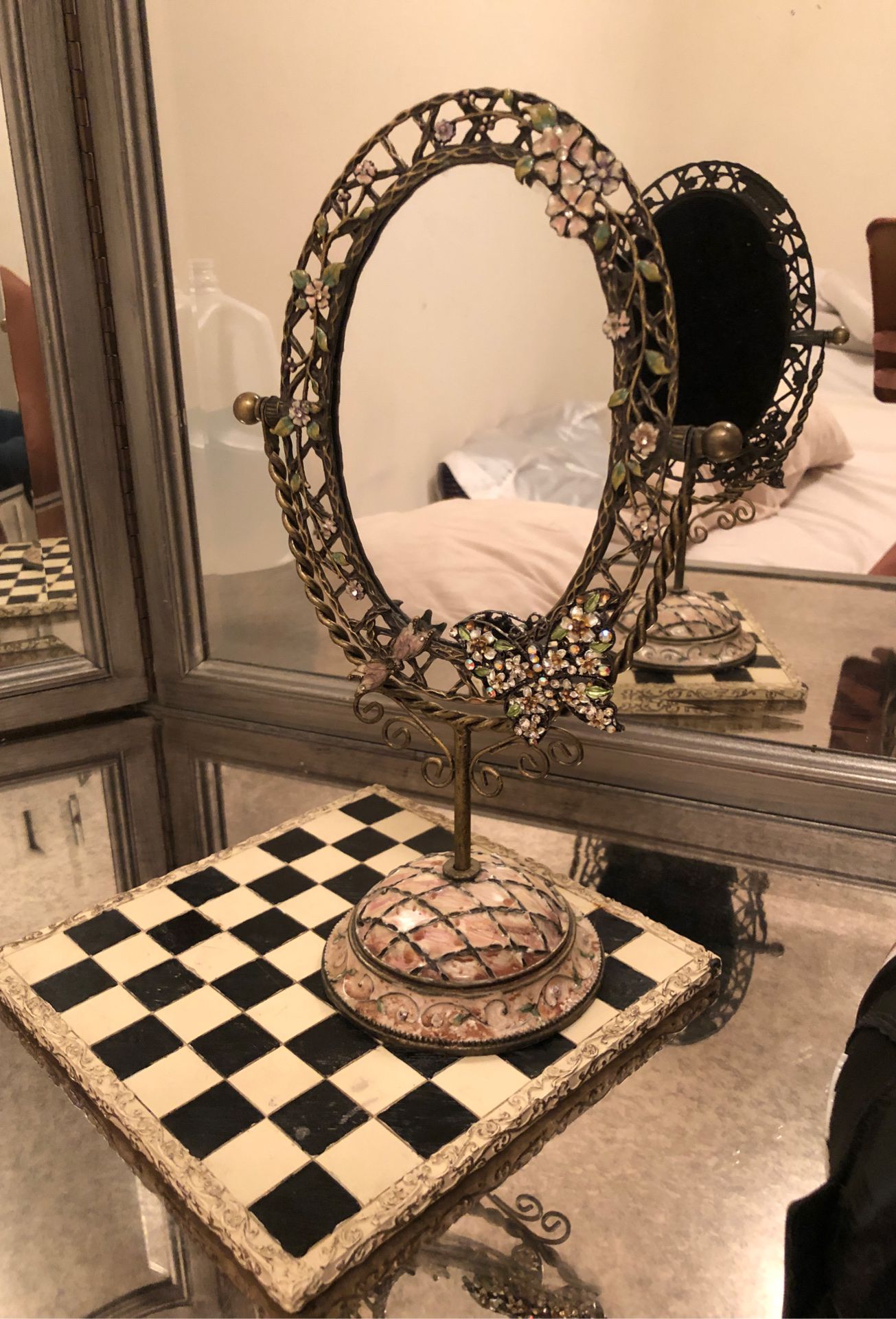 Antique Vintage Mirror + Butterly Pin