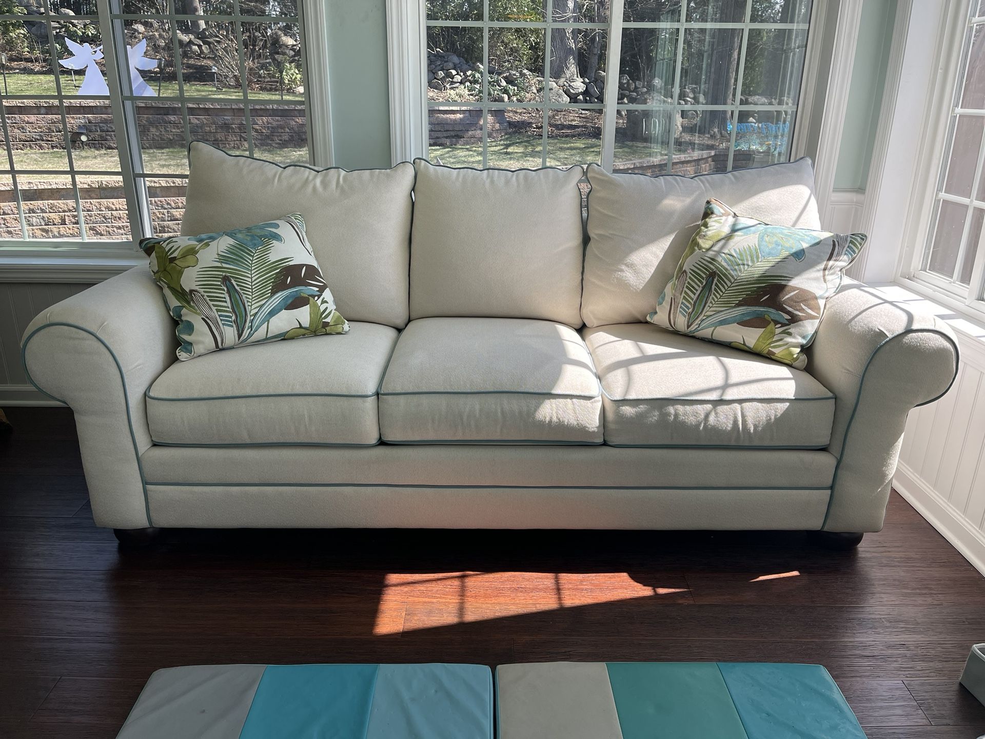 Bassett Custom Beige Sofa MADE IN USA with Tropical Pillows