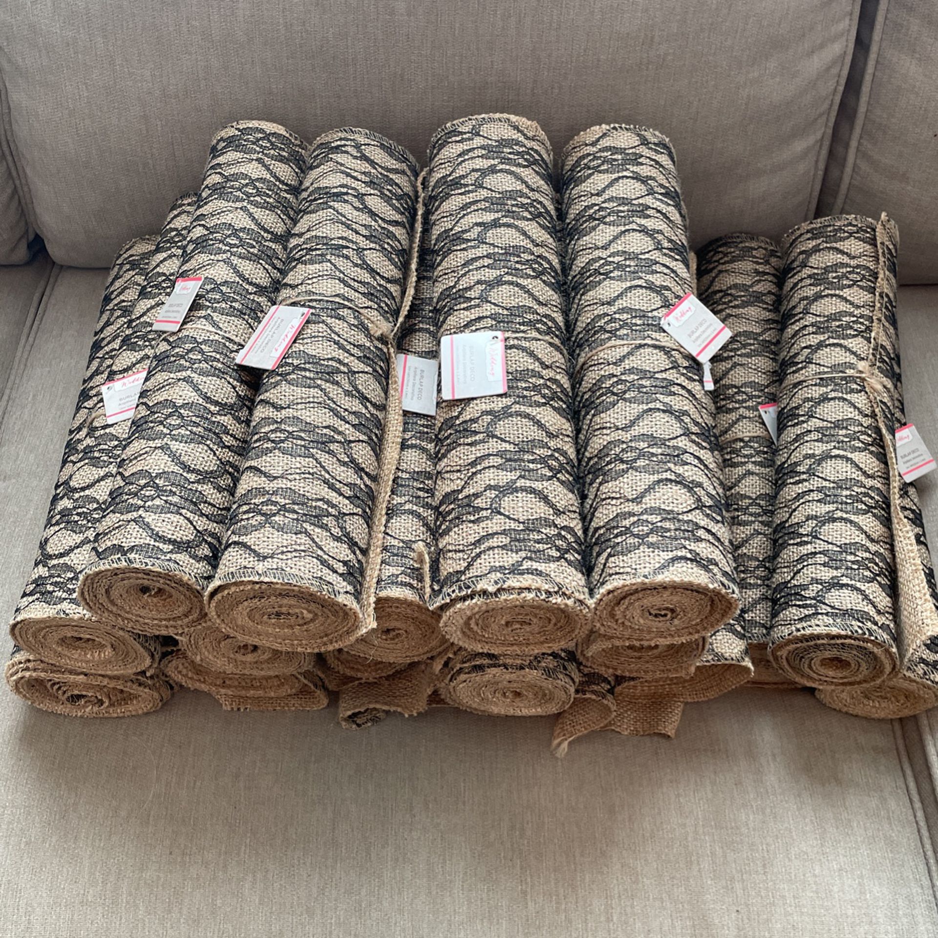 12” x 8’ rolls of burlap with black lace