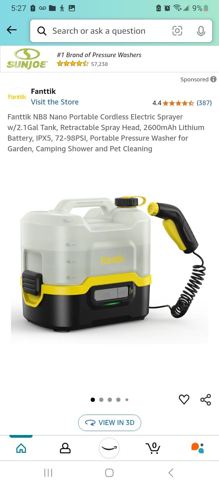 Fanttik NB8 Nano Portable Cordless Electric Sprayer w/2.1Gal Tank, Retractable Spray Head, 2600mAh Lithium Battery, IPX5, 72-98PSI, Portable Pressure