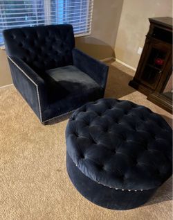 BLUE VELVET CHAIR AND OTTTOMAN