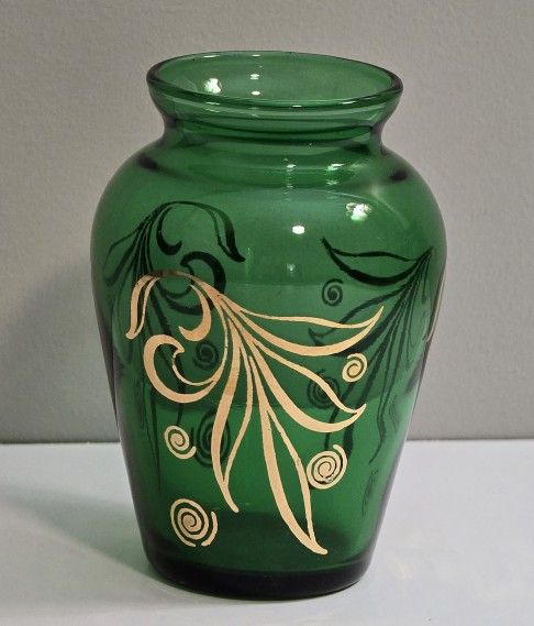 Vintage 4" Vase Anchor Hocking Glass Vase Green with Gold Overlay Design Small