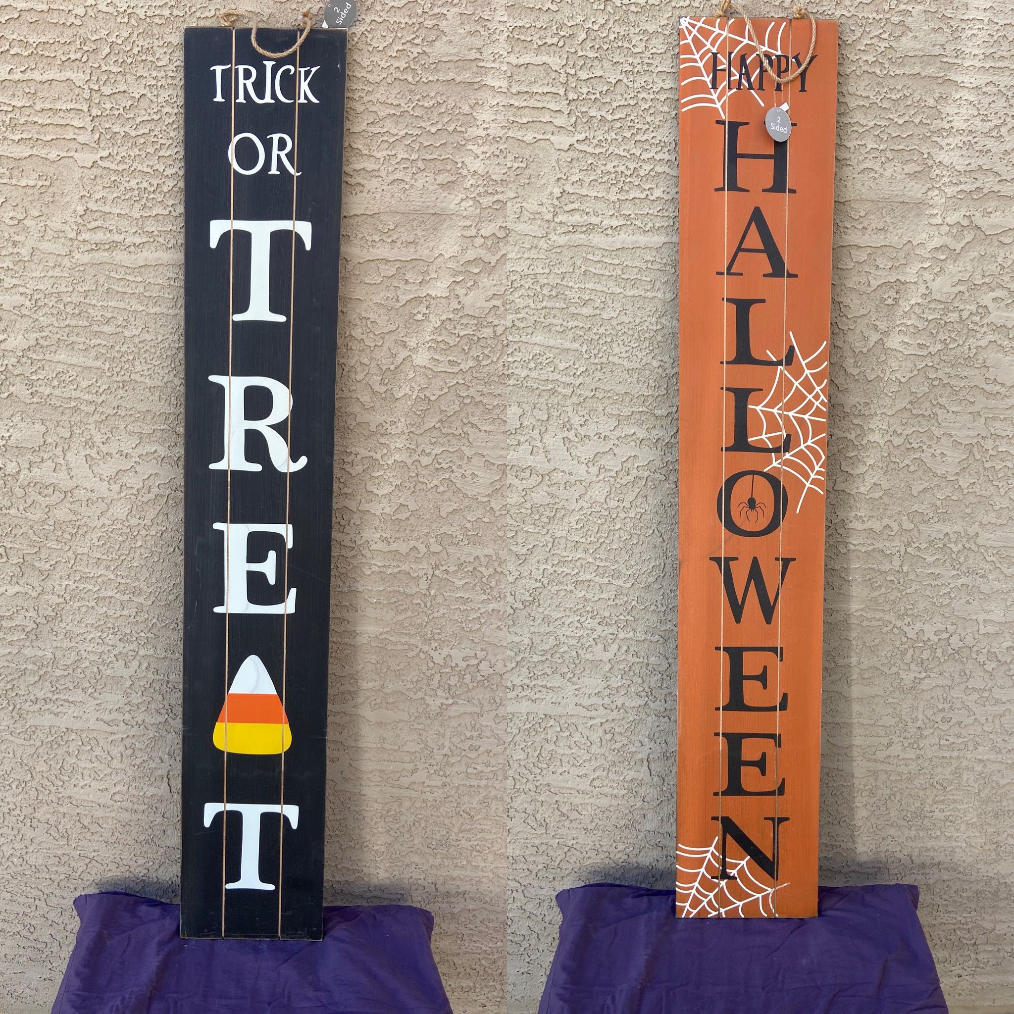 New with tag ONE two sided large (5 ft. X 10 inches) Farmhouse Style Halloween stand alone or hangable heavy wooden sign reduced to $25!