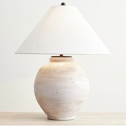 NWT Pottery Barn Ceramic Table Lamp Neutral Linen Shade Large