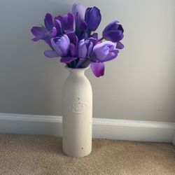 Milk Bottle Vase With Purple Flowers 