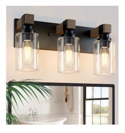 Farm Bathroom Lighting Accessories, Rustic 3 Lights Wooden Vanity Lights for Bathroom, Vintage Wall Sconce Lighting in Black, Lighting Fixtaries Over 