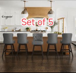 (Set of 5)26 in. Dark Gray Wood Frame Counter Bar Stool Faux Leather Upholstered Swivel Bar Stool