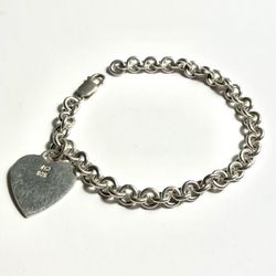 925 Sterling Silver Link Bracelet With Heart Charm 7.5”