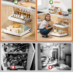 2 Pack Pull out Cabinet Organizer, Width (12"-19") Depth (17"-23"), with 3 Rails Adjustable Slide, Expandable Pullout Drawers for Cabinets, No Drill A