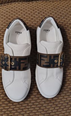 FENDI White/Brown Low Top Buckle Strap FF Logo Sneakers size 37