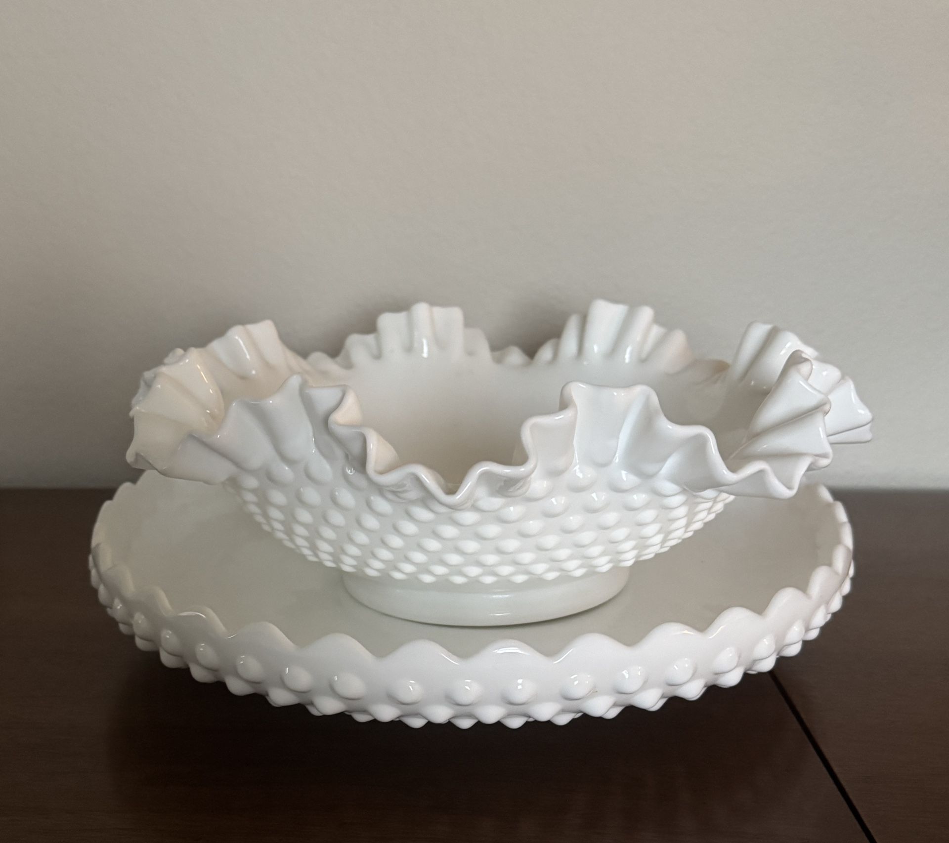 Vintage Fenton Hobnail Milkglass Ruffled Serving Bowl And Chips & Dip Plate