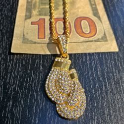 Golden Gloves Boxing Pendant 24 Inch Rope Chain Necklace 