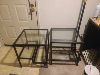 3 glass tables with cast iron frames