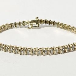 🇮🇹14K Yellow Gold & 1.3 CTW Natural Diamond S-Link Classic Tennis Bracelet 7” 12.09 Grams