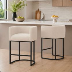 Set of 2 Sweetcrispy Counter Height Barrel Bar Stools – Oatmeal Linen