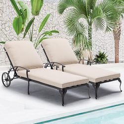 HOMEFUN Chaise Lounge Chair Outdoor - Poolside Chairs Set of 2 with Cushion Cast Aluminum