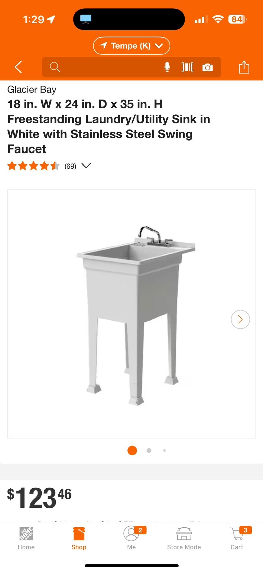 Glacier Bay 18 in.W x 24 in.D x 35 in. H Freestanding Laundry/Utility Sink Stainless With Faucet $79