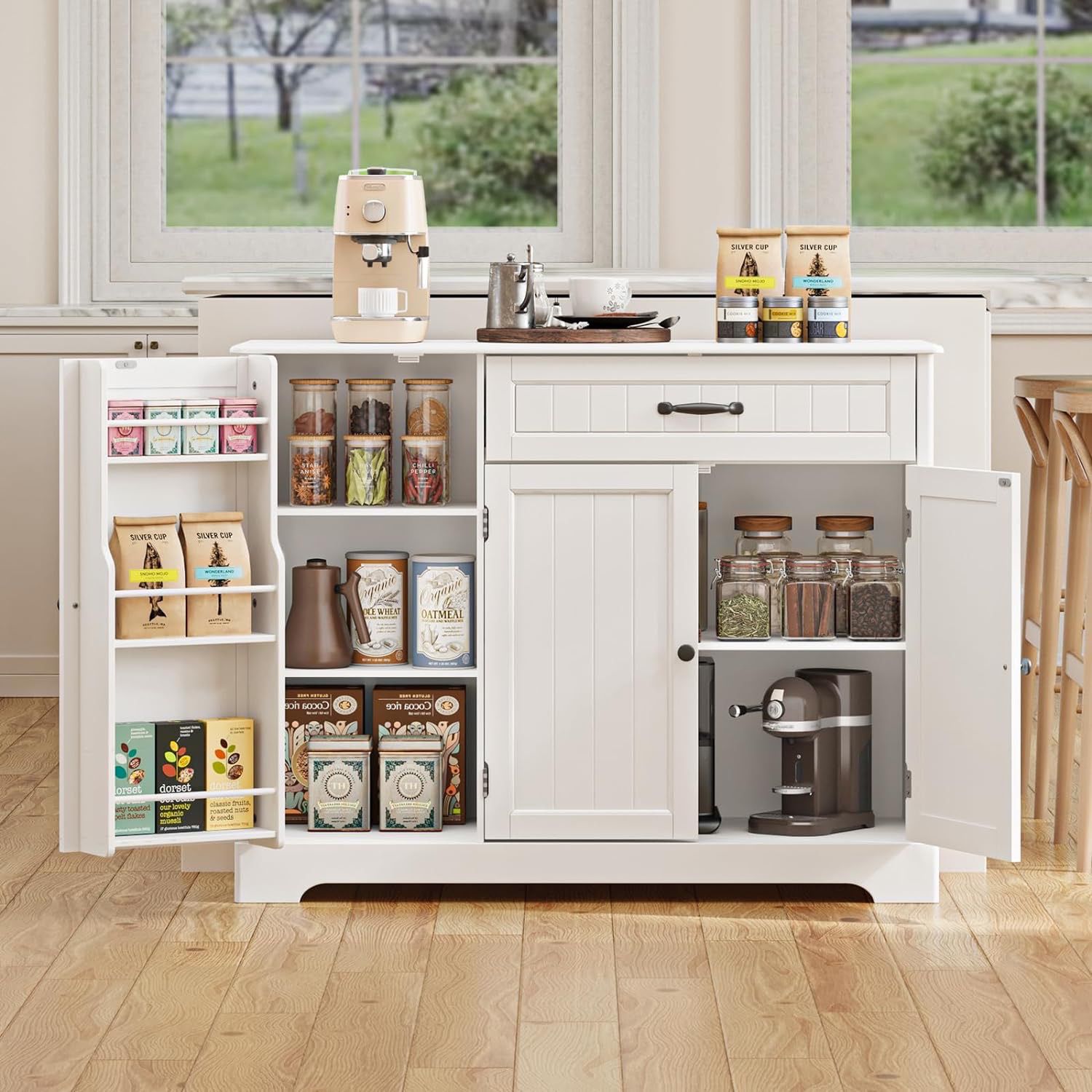 Kitchen Pantry Storage Cabinet with Drawer and Doors Wood Coffee Bar Cabinet, Sideboard Buffet Cabinet with Storage for Kitchen Bathroom and Living Ro