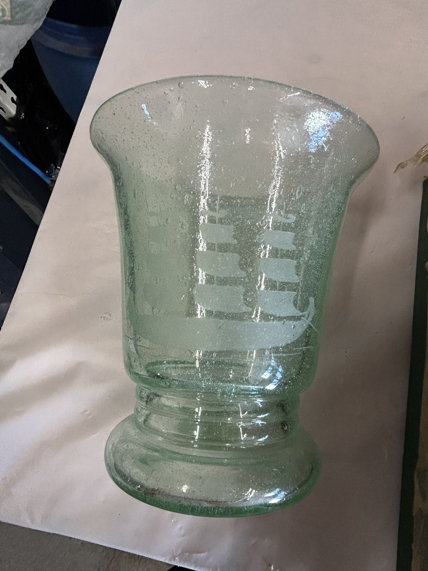 Antique Handblown Bubble Glass Vase With Etched Image Of A Sailing Ship/Early 1900’s