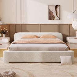 Curve-Shaped Upholstered Platform Bed with Curved Shaped Headboard, Queen Size Wood Bed Frame 