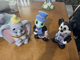 Disney Ceramic Statues/Figurines, Mickey Mouse, Dumbo, Jiminy Cricket. 