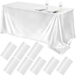TURSTIN 8 Packs White Satin Tablecloth 102 X 58 Inch Overlay Satin Table Cover Rectangle Bright Silk Tablecloth Smooth Fabric Table Decoration For Wed