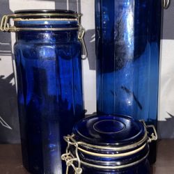 Vintage Cobalt Blue Glass Latch Jar Set  Of 3 Paneled Design great condition 