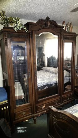Antique French Carved Oak 3-Door Mirrored Armoire / Wardrobe