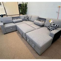 Boucle fabric sectional sleeper sofa with pull out bed
